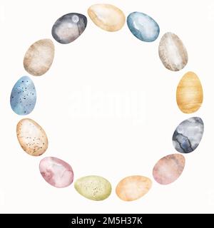 Cadre de Pâques avec une clipart colorée aux œufs de pâques. Illustration aquarelle peinte à la main Banque D'Images