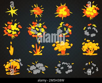 Images clés de l'animation d'explosion de dessin animé de bombe. Illustration vectorielle de vue de dessus et de face Bang Illustration de Vecteur