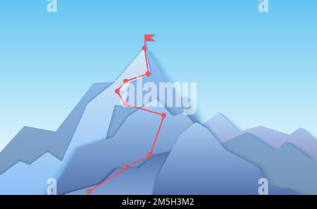 Parcours d'escalade vers le paysage de pointe.En grimpant sur une route pointue jusqu'à un haut de montagne en papier superposé.Le chemin de la progression de l'entreprise vers le sommet de la réussite se concende Illustration de Vecteur