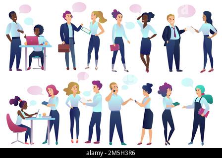 Employés de bureau les gens avec des bulles de communication de chat parlent entre eux.Hommes et femmes d'affaires communiquant et discutant avec des amis Illustration de Vecteur