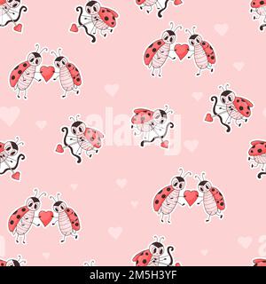 Motif sans couture avec jolis coccinelles. Insecte Cupid avec une flèche et couple amoureux du coeur sur fond rose. Illustration vectorielle. fin romantique Illustration de Vecteur