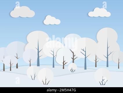 Arbres blancs en forêt d'hiver illustration vectorielle.Paysage enneigé sous le ciel bleu papier art. Vue sur la nature par temps froid.Carte du nouvel an et de noël Illustration de Vecteur