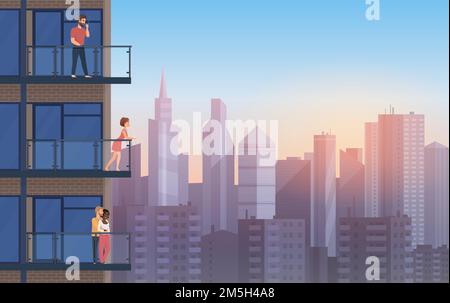 Appartement balcon dans maison moderne avec des personnes au coucher du soleil. Paysage urbain gratte-ciel fond dessin animé illustration vectorielle Illustration de Vecteur