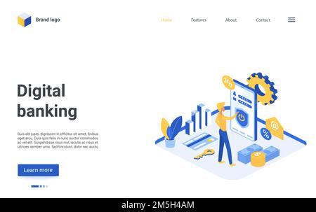 Personnage de dessin animé isométrique utilisant l'application pour smartphone mobile pour les transactions de paiement, la comptabilité d'argent payant en ligne, la conception de site Web pour le service bancaire Illustration de Vecteur