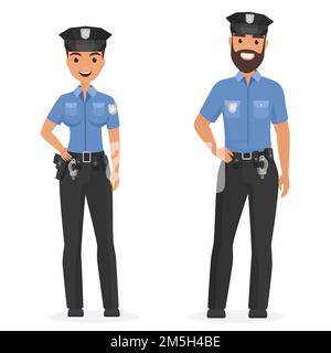 Deux jeunes policiers heureux, homme et femme ont isolé l'illustration vectorielle de dessin animé Illustration de Vecteur