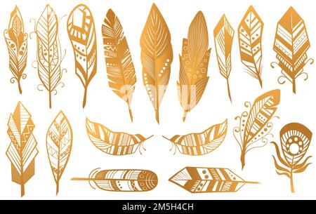 Ensemble de plumes tribales Golden Luxury. Collection ethnique de boho d'or isolée Illustration de Vecteur
