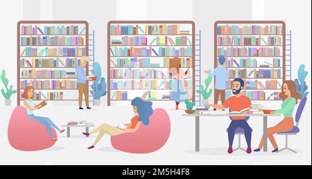 Les jeunes sont assis sur un canapé confortable et à une table avec des fauteuils pour étudier et lire. Illustration du vecteur plat de gradient du concept de bibliothèque publique Illustration de Vecteur