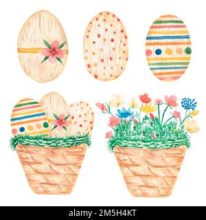 Aquarelle mignon ester œufs ensemble illustration, fleurs sauvages clip art, oeuf dans la composition du panier. Banque D'Images