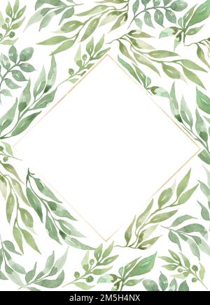 Illustration de cadre de verdure aquarelle, feuilles vertes, décoration de collier de couronne, composition de bouquet de cadre de mariage. Banque D'Images