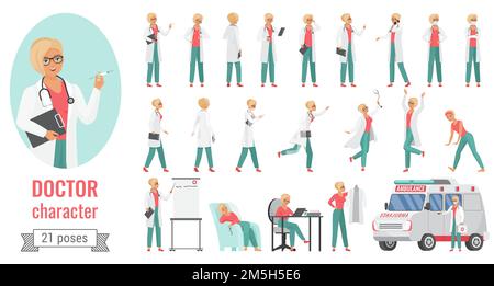 Médecin femme pose ensemble, caricature femme médecin travailleur montrant différentes postures Illustration de Vecteur