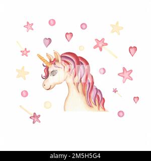 Aquarelle carte unicorn dessinée à la main illustration avec des balons de coeur, couronne et coeurs, créature animale de conte de fées, clip art magique, isolé sur wh Banque D'Images