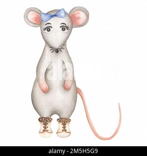 Petite souris grise . Joli dessin animé animal de Noël rat ou souris. Illustration aquarelle. Carte de Noël et du nouvel an. Banque D'Images