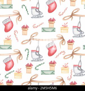 Motif aquarelle sans couture avec patins, boîtes de cadeaux, bonbons, illustration aquarelle d'un décor du nouvel an, dessins isolés à la main de décoratio Banque D'Images