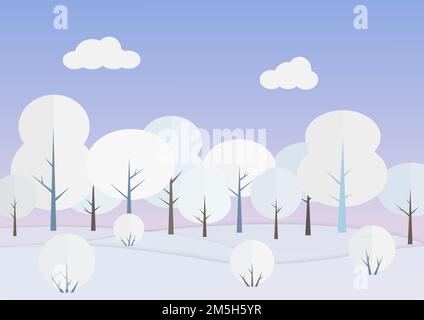 Arbres blancs en forêt d'hiver illustration vectorielle.Paysage enneigé sous le ciel bleu papier art. Vue sur la nature par temps froid.Carte du nouvel an et de noël Illustration de Vecteur