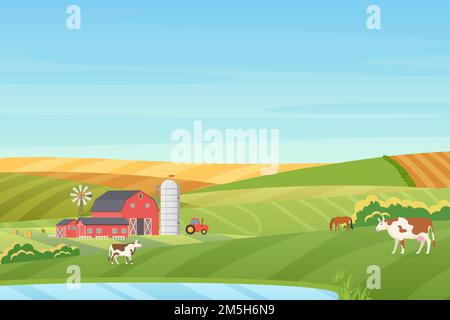 Été temps chaud ferme paysage de campagne avec éco cottage, grange, moulin à vent, tracteur, tour d'ensilage,champs de vache, de cheval, de vert et d'orange près de la bl Illustration de Vecteur