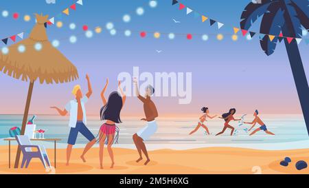 Jeunes amis dansant sur la plage au coucher du soleil, soirée plage fête, amusement dans l'eau de l'océan Illustration de Vecteur