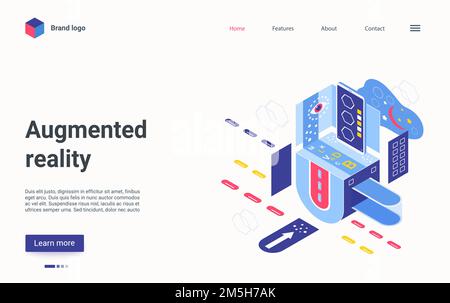 Modèle vectoriel de page d'arrivée en réalité augmentée.Présentation de l'interface de la page d'accueil du site Web de technologie interactive avec illustration isométrique.AR TECH, SMART Illustration de Vecteur