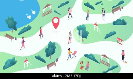 Carte isométrique du parc public de la ville avec marche, écoute de la musique, détente des gens Illustration de Vecteur