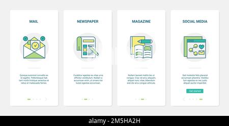 Publicité sur les médias sociaux, illustration de vecteur de campagne promotionnelle. UX, écran de page d'application mobile d'intégration d'interface utilisateur avec lettres d'e-mail de promotion de ligne, newspa Illustration de Vecteur