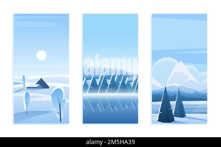 Ensemble d'illustrations vectorielles pour carte de vœux de Noël en paysage.Dessin animé bois de gel mignon avec des pins géométriques sous la neige, bleu des montagnes plates sur l'horizontale Illustration de Vecteur