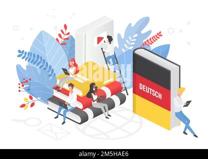 Cours de langue en ligne illustration vectorielle isométrique.Classe Internet de langue allemande, e learning isolé.Enseignement à distance, Allemagne école à distance, Illustration de Vecteur