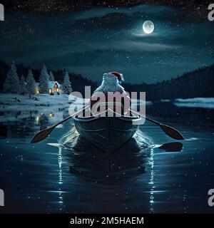 Bateau à ramer de Santa apportant des cadeaux. Bateau à rames du Père Noël la veille de Noël la nuit Banque D'Images