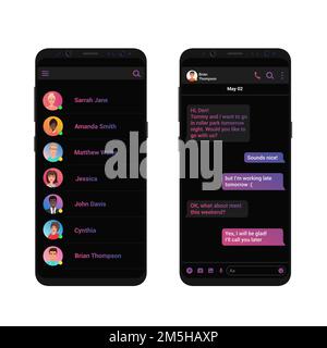 Illustration du vecteur de concept de messagerie de réseau social. Messenger noir foncé interface de l'application de chat à la mode. Conception d'interface utilisateur mobile propre Illustration de Vecteur