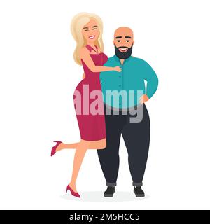 Illustration de vecteur plat de couple interracial étrange atypique.Belle blonde podium modèle femme sur les talons dans la robe élégante avec faible poids lourd en surpoids Illustration de Vecteur