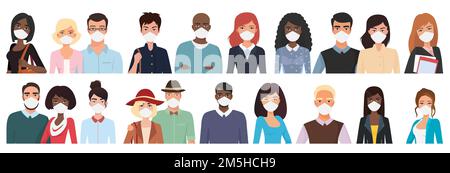 Multiracial différents âges personnes dans les masques pour prévenir la pollution de l'air, coronavirus Covid-19 Illustration de Vecteur
