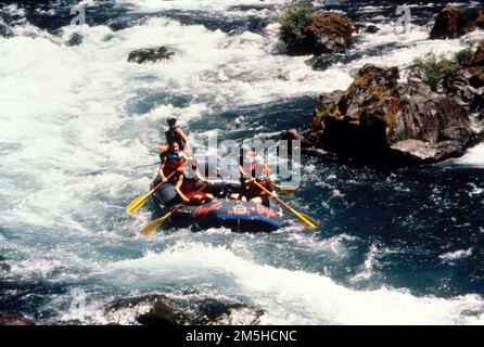 Route panoramique Rogue-Umpqua - navigation dans les rapides de Pinball sur la North Umpqua. La North Umpqua Wild & Scenic River offre un rafting en eau vive passionnant et difficile. Des dizaines de rapides de classe III et d'un rapides de classe IV offrent une gamme d'expériences en eau vive pour les plaisanciers intermédiaires à avancés. Emplacement : Oregon Banque D'Images