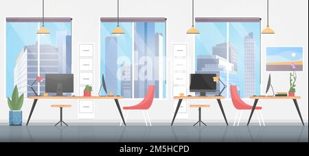 Intérieur de la salle de bureau, environnement de travail créatif avec mobilier moderne Illustration de Vecteur