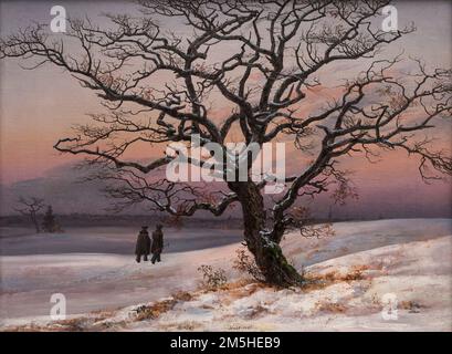 Johan Christian Dahl (1788-1857), Paysage d'hiver avec arbre et deux Wanderers, 1822. Musée der bildenden Künste Leipzig. Huile sur toile Banque D'Images