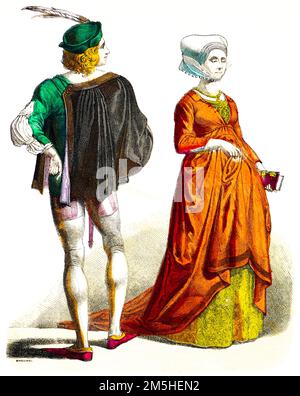 Costumes allemands du late15th siècle, illustration historique colorée 1890, Münchener Bilderbogen, Banque D'Images