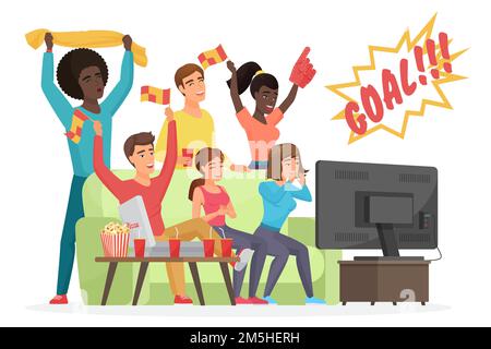 Illustration vectorielle plate pour les fans de football.Les fans de sport avec des attributs de football applaudissent pour l'équipe favorite.Homme et femme amis regardant le match sur TV sitti Illustration de Vecteur