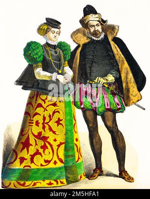 Costumes élégants d'un noble allemand et d'un noble allemand, fin du 16th siècle, illustration de l'histoire colorée, Münchener Bilderbogen 1890 Banque D'Images