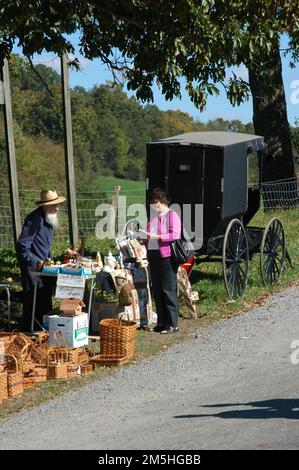 Amish Country Byway - Femme sur le stand de dépannage. Une femme s'arrête pour parcourir les marchandises à un stand de bord de route en face de Guggisberg Cheese dans le comté de Holmes. Cet homme amish vend une variété d'articles, y compris des paniers en osier. Lieu: Holmes County, Ohio (40,557° N 81,887° O) Banque D'Images