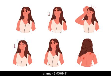 Symptômes de la maladie. Femme avec maux de tête, éruption cutanée, douleurs articulaires, fièvre. Illustration vectorielle plate Illustration de Vecteur