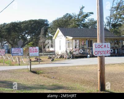 Outer Banks Scenic Byway - Boutique de cadeaux et de fruits de mer. Sur l'île Harkers, le long de la route panoramique Outer Banks, des panneaux peints à la main attirent l'œil du visiteur vers la boutique de cadeaux et de fruits de mer Captain Blaine's, qui propose des fruits de mer locaux frais, des cadeaux, des bouées décoratives et du bois flotté. Emplacement: Harkers Island, Caroline du Nord (34,687° N 76,533° O) Banque D'Images
