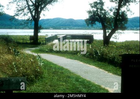 Great River Road - splendeur de l'arrière-plan dans le refuge supérieur du Mississippi. Cette passerelle mène à un centre d'observation accessible aux personnes handicapées dans la réserve naturelle nationale et de poissons de la rivière Upper Mississippi. (42,262° N 90,425° O) Banque D'Images