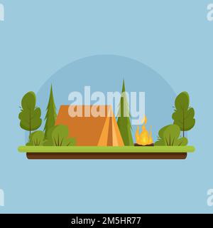 Camping. Paysage de jour avec une tente orange près de feu de camp. Bannière pour camp d'été, tourisme nature, camping, randonnée, trekking, etc Illustration vectorielle. Illustration de Vecteur