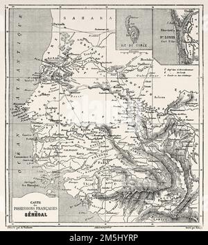 Carte des possessions françaises au Sénégal. Afrique. Voyage et expédition au Sénégal et dans les pays limitrophes 1847-1860 Banque D'Images