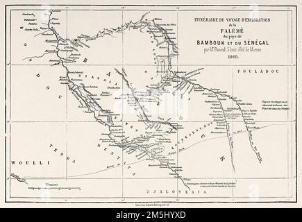 Itinéraire du voyage d'exploration du fleuve Faleme dans le pays de Bambouk et du Sénégal par Pascal Sheut 1860 rapport de la marine Banque D'Images