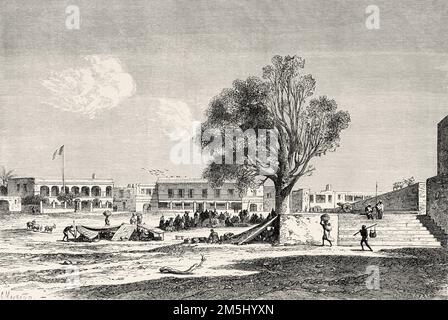 Île Goree. Place du gouvernement et marché en 1850, Sénégal. Afrique de l'Ouest. Voyages et expéditions au Sénégal et dans les pays voisins. Excursion militaire et géographique à l'est de Gorée dans les pays de Sine et Saloum 1859 Banque D'Images