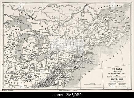 Carte antique de la région des Grands Lacs du Canada et de la partie ouest des États-Unis. ÉTATS-UNIS. Voyages en Amérique du Nord par Louis Deville, États-Unis et Canada 1854-1855. Le Tour du monde 1861 Banque D'Images