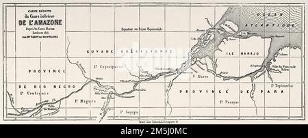 Carte du cours inférieur de l'Amazone, Brésil, Amérique du Sud. Voyage du peintre français François Auguste Biard au Brésil, 1858-1859 Banque D'Images