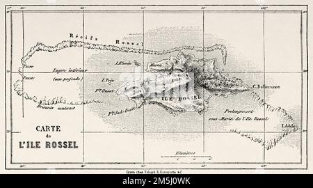 Ancienne carte de l'île Rossel, Papouasie-Nouvelle-Guinée. Naufrage et scènes d'anthropophagy sur l'île Rossel dans l'archipel de Louisiane, Mélanésie. Histoire de V de Rochas 1858 Banque D'Images