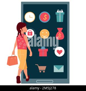 La fille utilise le téléphone pour les achats en ligne. Shopping, Use.Vector. Illustration de Vecteur