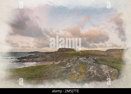 Le phare de l'île de Llanddwyn. TWR Mawr aquarelle numérique à Ynys Llanddwyn on Anglesey, pays de Galles, Royaume-Uni. Banque D'Images