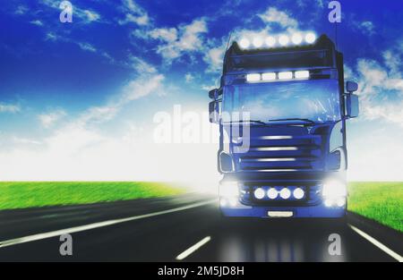 Blue Truck vitesse transport marchandises route autoroute. 3d rendu Banque D'Images