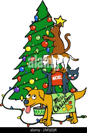 dessins animés chats et chiens décorant un arbre de noël Illustration de Vecteur